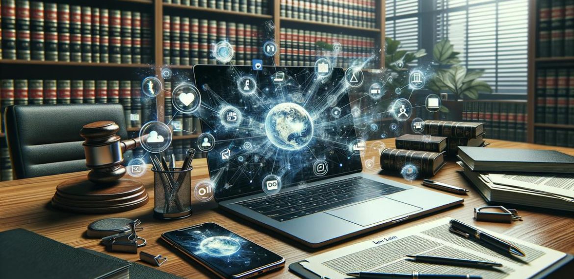 Social media strategies for lawyers - social media AI concept art showing digital elements coming out of a laptop screen
