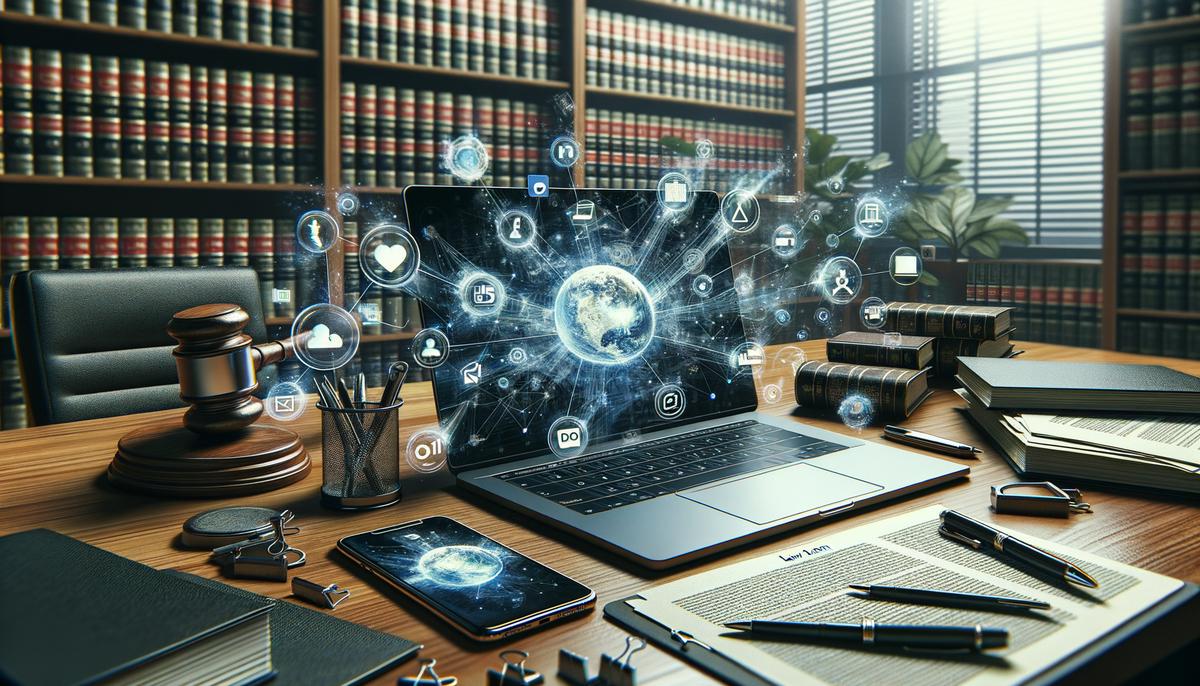 Social media strategies for lawyers - social media AI concept art showing digital elements coming out of a laptop screen